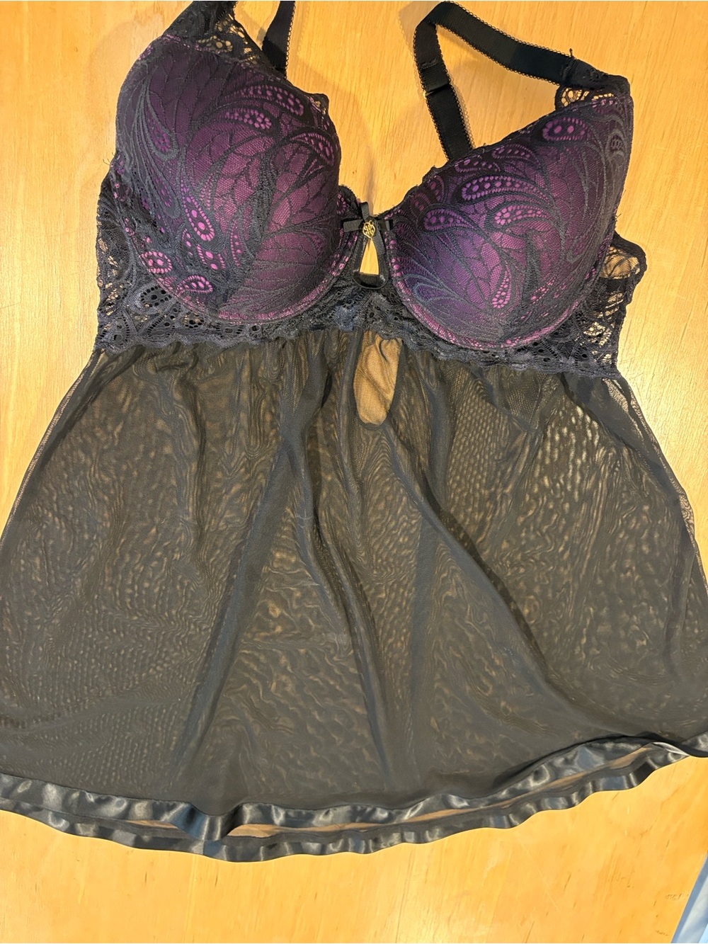 Daisy Fuentes ~ Jet Black Grape Purple Lace-Accent Babydoll Lingerie Chemise